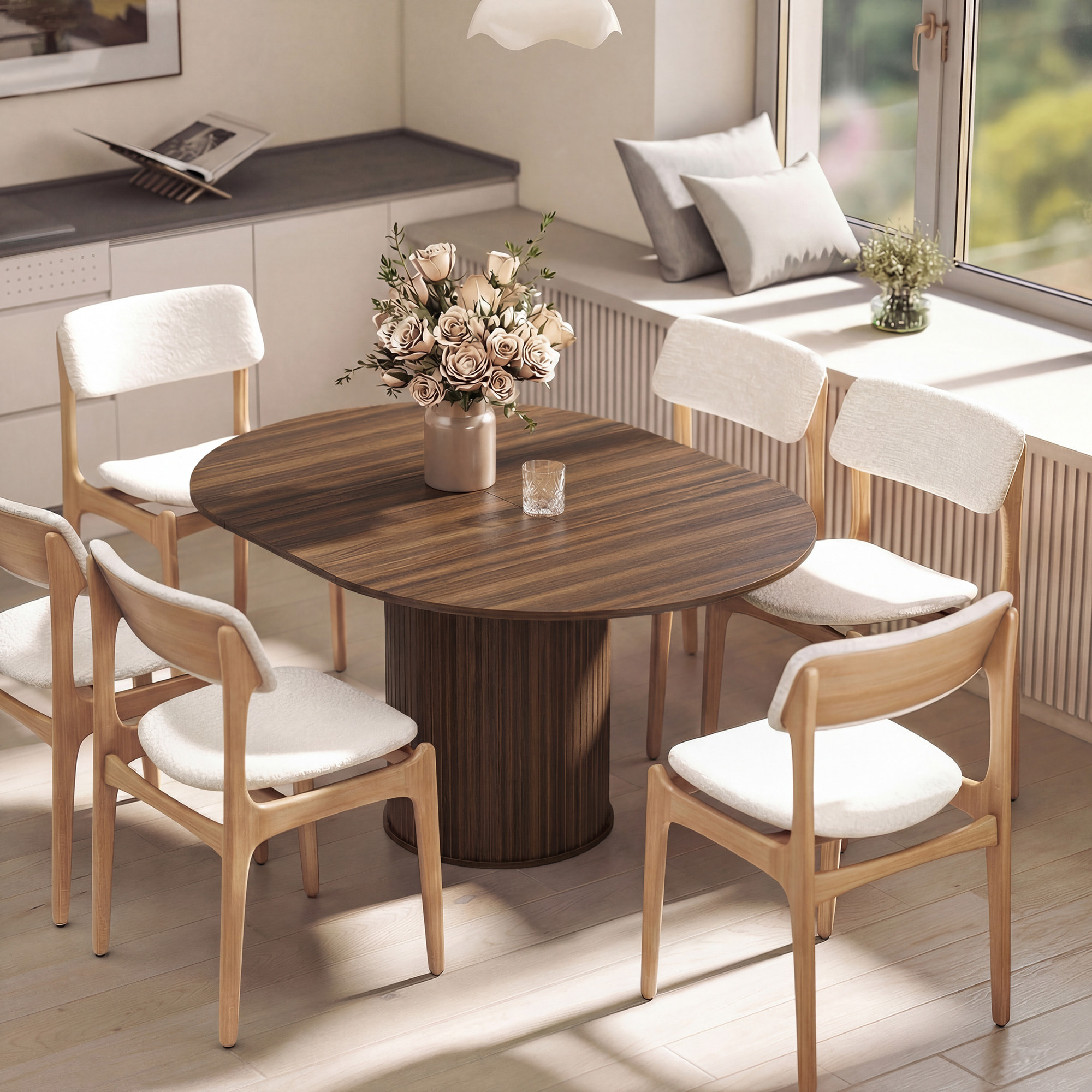 Table ronde extensible table de salon design bois 6-8 personnes dia. 110-150 x 75 cm effet bois noyer