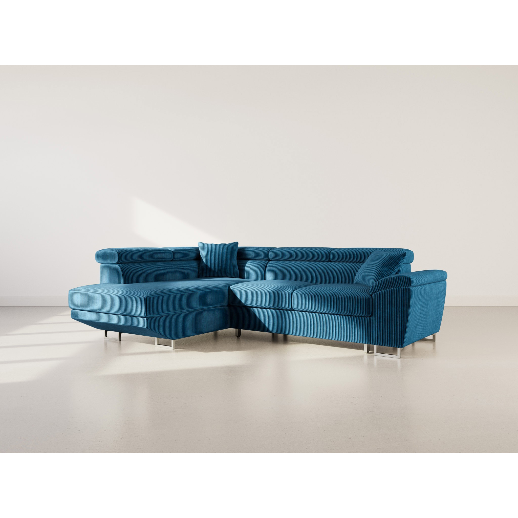 Baoji - Canapé d'angle gauche 5 places convertible avec têtières et coffre en velours côtelé - Bleu