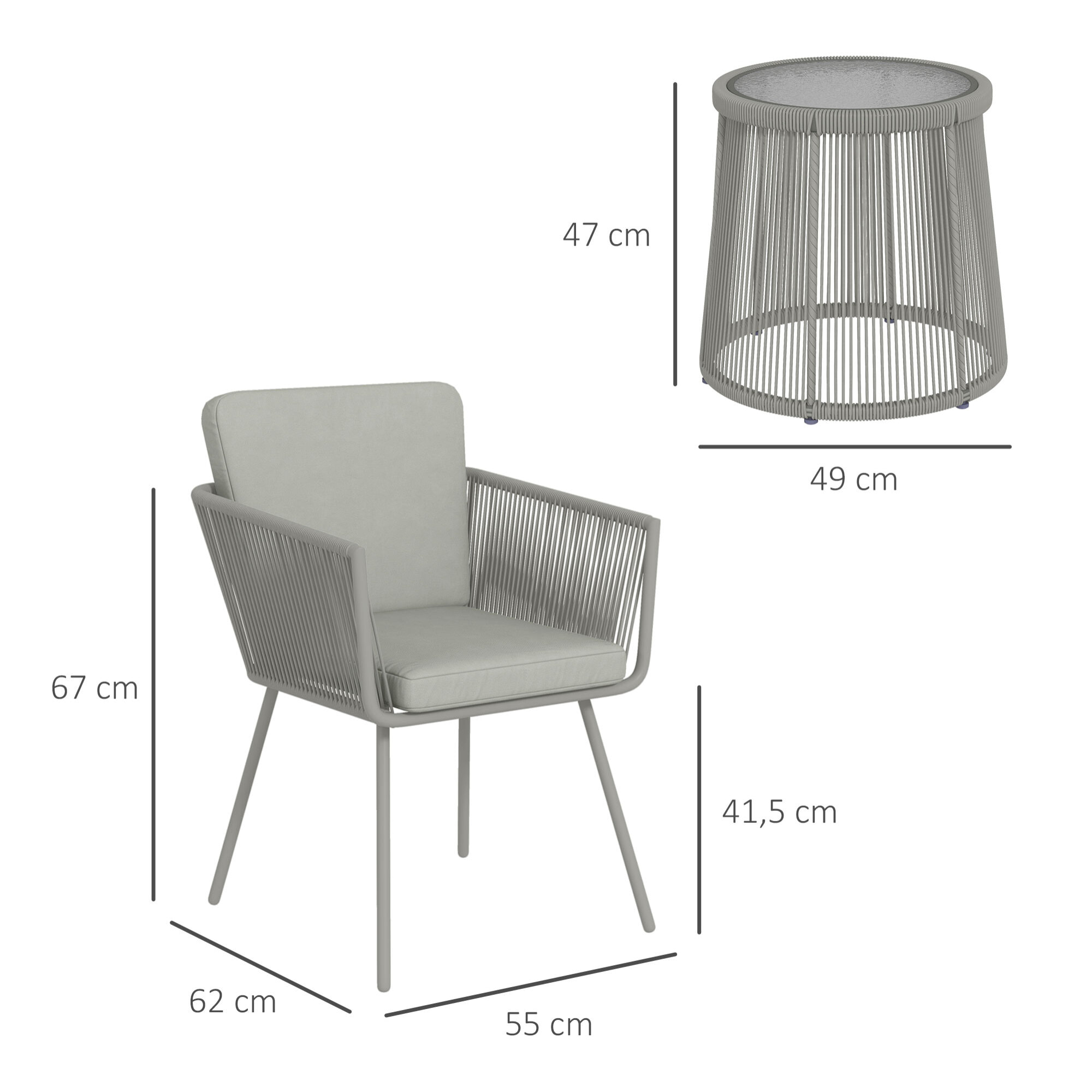 Ensemble salon de jardin 3 pièces style colonial 2 fauteuils avec coussins + table basse résine filaire gris