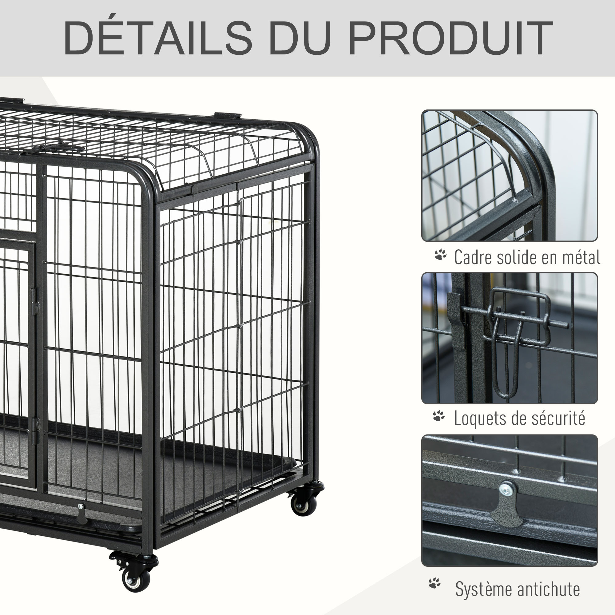 Cage chiens pliable sur roulettes 2 portes verrouillables métal gris noir