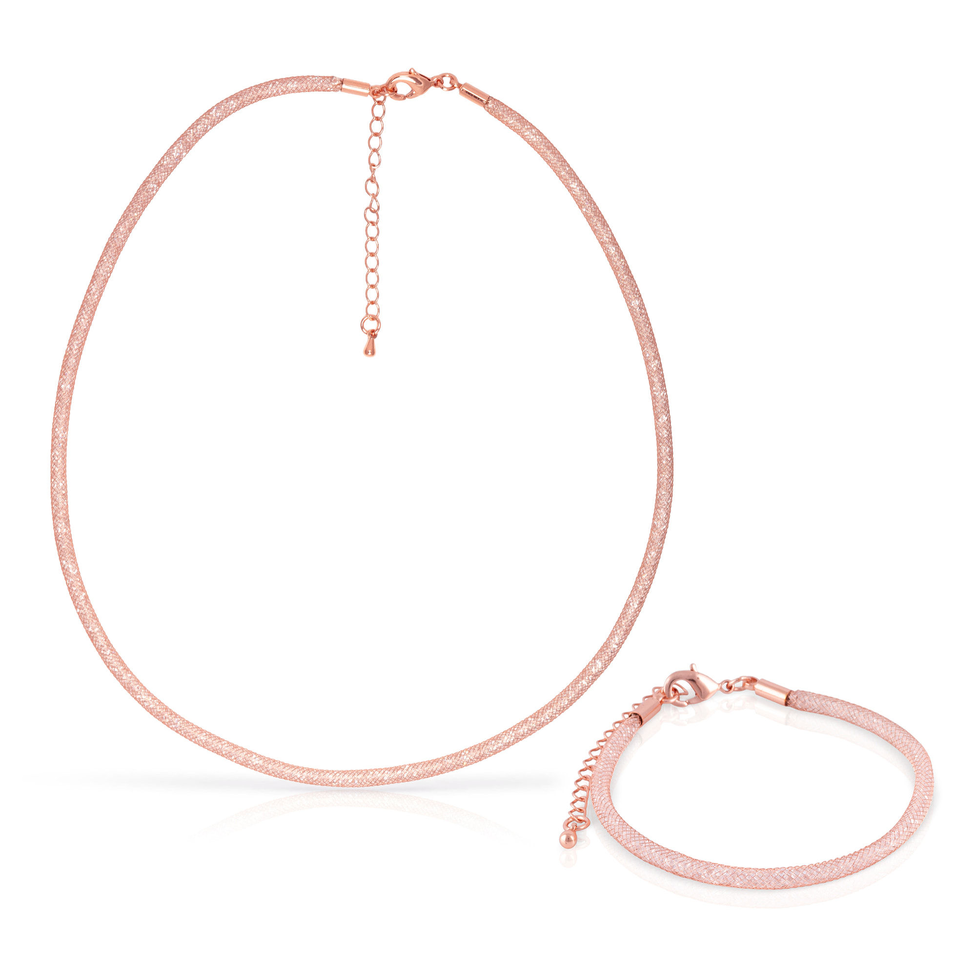 Set de collar y pulsera rosas de malla de cobre con relleno de cristal brillante y cierre de mosquetón de cobre con acabado rosa.