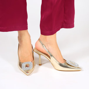 Dècolletè slingback in simil pelle con dettaglio strass sulla punta