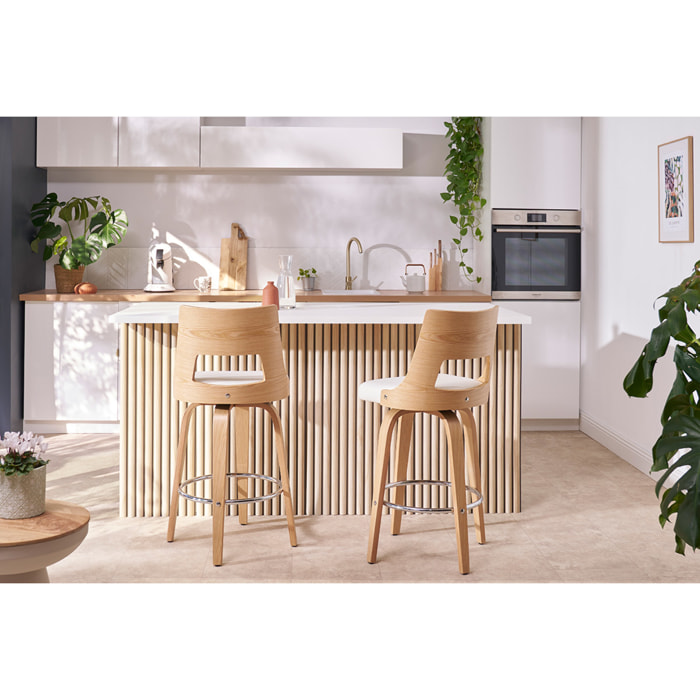 Tabouret de bar scandinave pivotant en tissu effet velours texturé beige et bois clair H69 cm GARBO