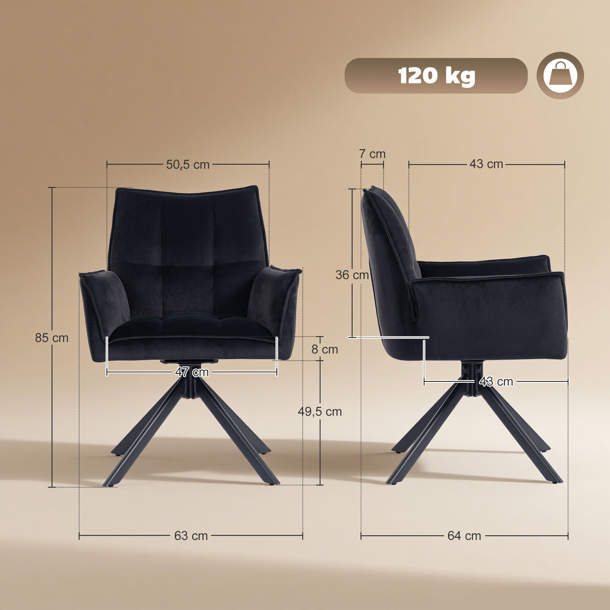 Juego de 2 Sillas de Comedor Giratorias 360°, Sillas de Cocina con Reposabrazos, Respaldo Acolchado, Tapizado en Terciopelo, Patas de Acero, para Oficina, Conferencia, Sala de Estar, Negro