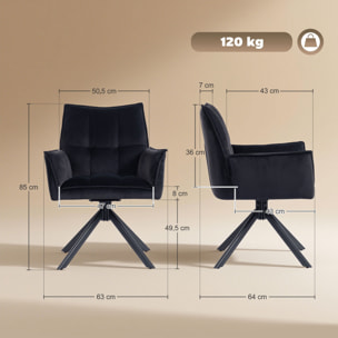 Juego de 2 Sillas de Comedor Giratorias 360°, Sillas de Cocina con Reposabrazos, Respaldo Acolchado, Tapizado en Terciopelo, Patas de Acero, para Oficina, Conferencia, Sala de Estar, Negro