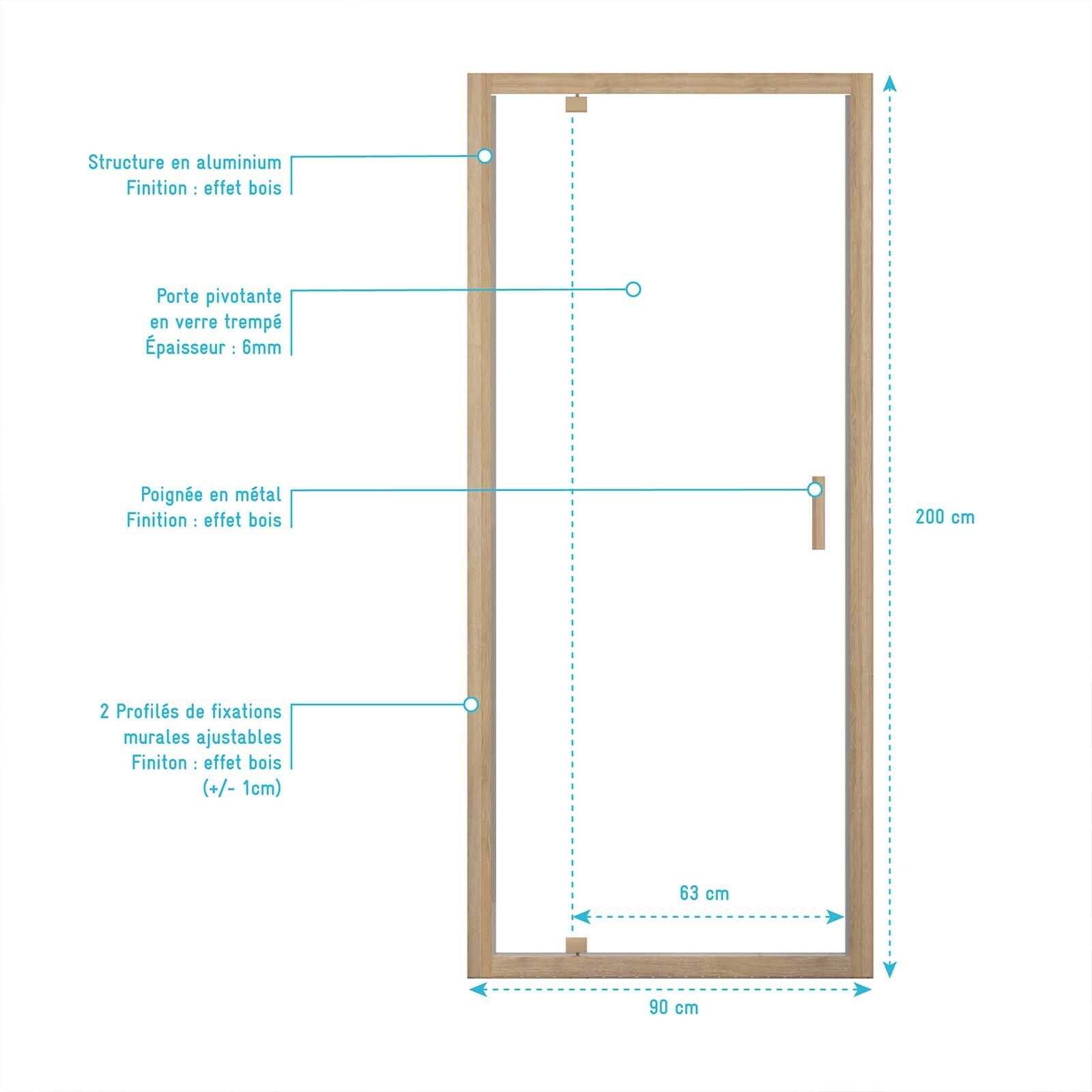 Porte de douche Pivotante 90x200cm - Profilés Aluminium effet Bois - Verre 6mm - WOOD CRUSH