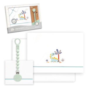Triptico Cuna Estampado Dinosaurio Palmera + Broche Bco/Verde