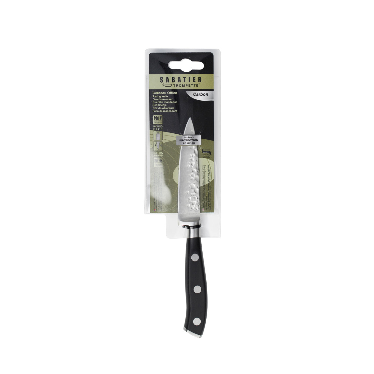 Carbon - Couteau d'office 9 cm martelé avec protection de lame