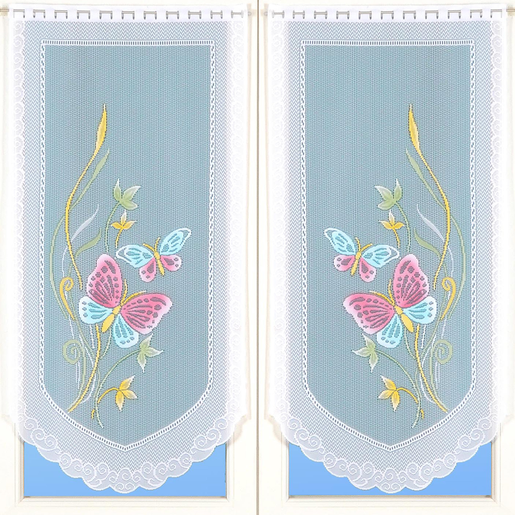 Paire de petits voilages en dentelle motifs papillons - Turquoise