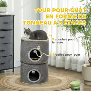 Tour pour chat modulable zippée 3 parties - tonneau griffoir chat 2 pompons - sisal naturel peluche gris