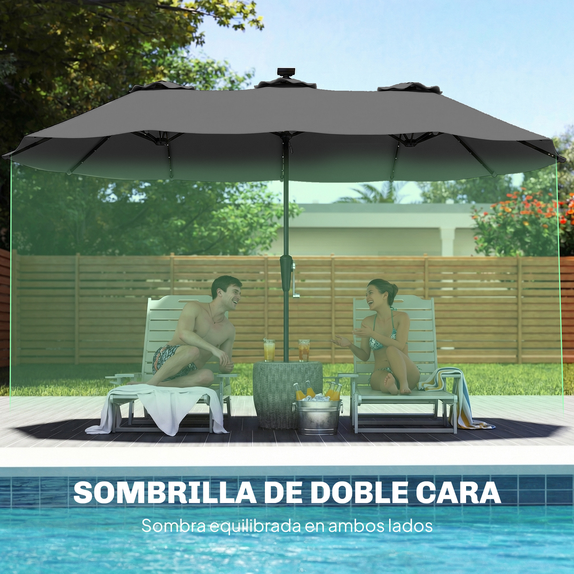 Sombrilla Doble con 36 Luces LED Solares, 4x2 m, Sombrilla Terraza Exterior con Manivela, UPF50+, 12 Varillas, Resistente al Agua, Parasol para Jardín, Terraza, Patio, Gris Oscuro