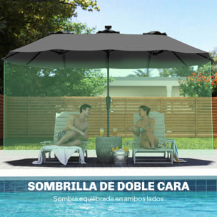 Sombrilla Doble con 36 Luces LED Solares, 4x2 m, Sombrilla Terraza Exterior con Manivela, UPF50+, 12 Varillas, Resistente al Agua, Parasol para Jardín, Terraza, Patio, Gris Oscuro