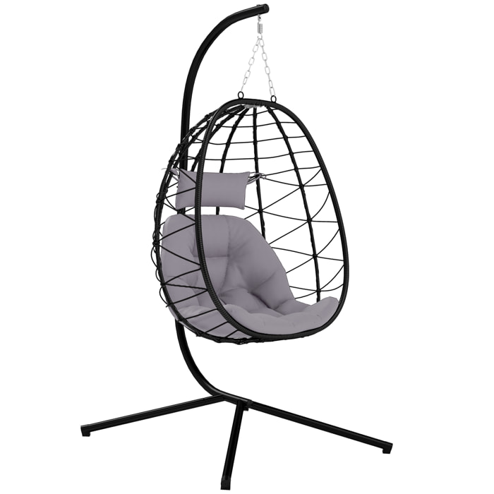 Silla Colgante Huevo con Soporte Columpio Jardín Exterior con Cesta Plegable Cojín y Reposacabezas Columpio Colgante para Interior y Exterior Carga 120 kg Gris