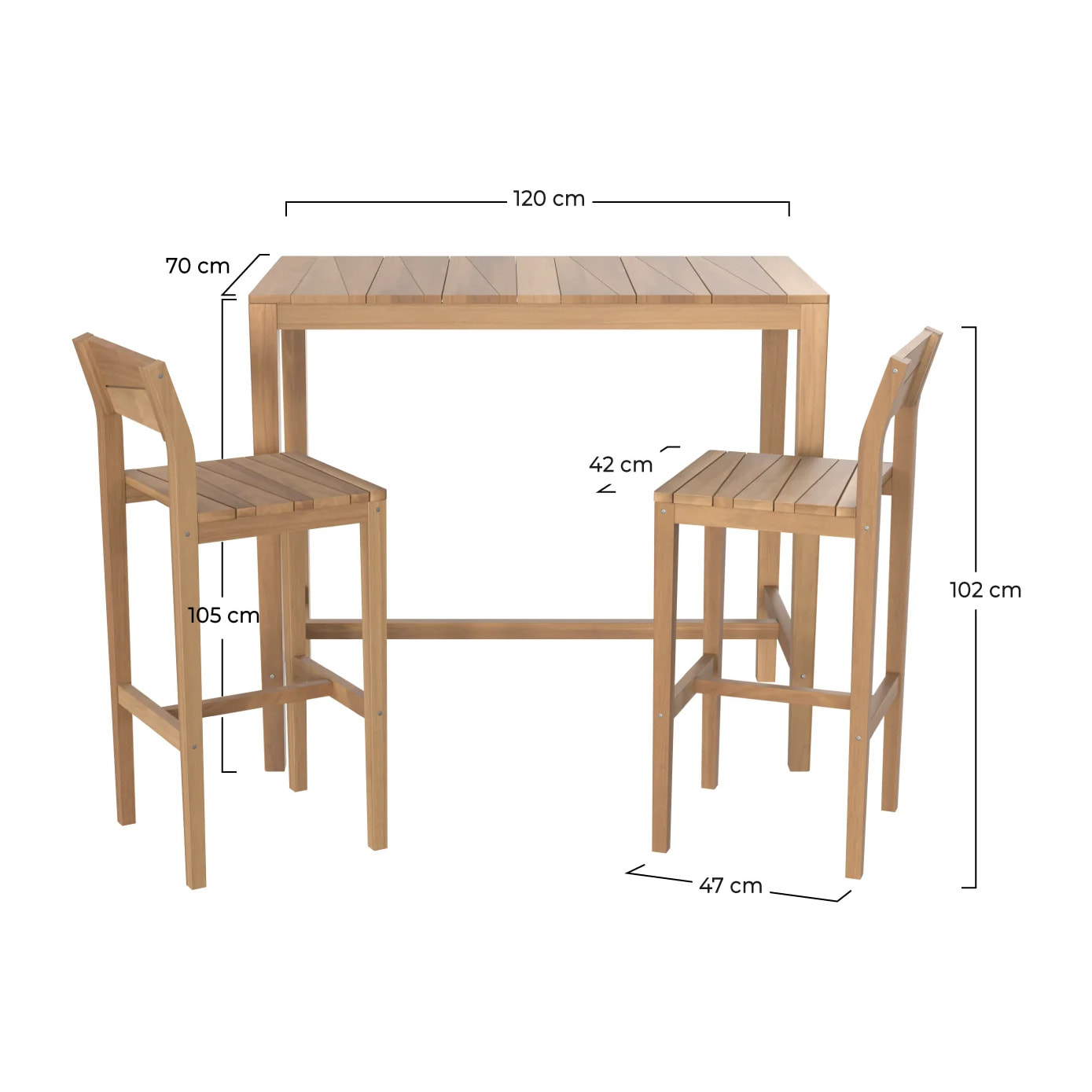 Table et chaises de bar extérieur 4 personnes en teck massif - Tunga