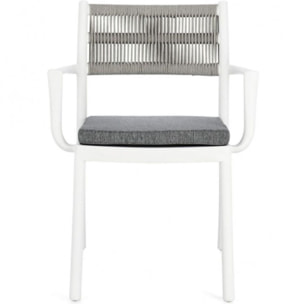 Set di 4 sedie ALVIN in polipropilene bianco e corda intrecciata grigio chiaro, con braccioli