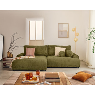 Nelly - canapé d'angle gauche 4 places convertible avec coffre en velours texturé - Vert Olive