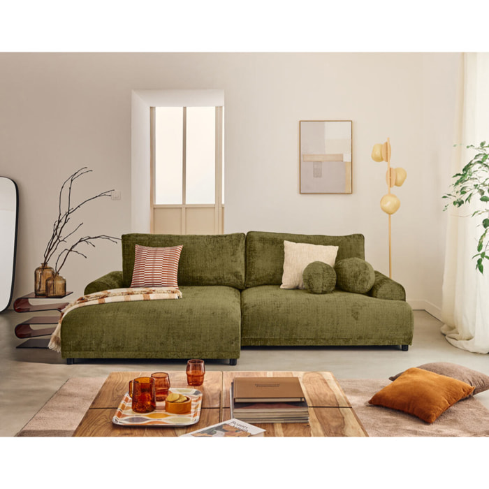Nelly - canapé d'angle gauche 4 places convertible avec coffre en velours texturé - Vert Olive