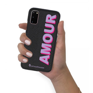 Coque Samsung Galaxy S20 effet cuir grainé noir Amour parme et fushia Design La Coque Francaise