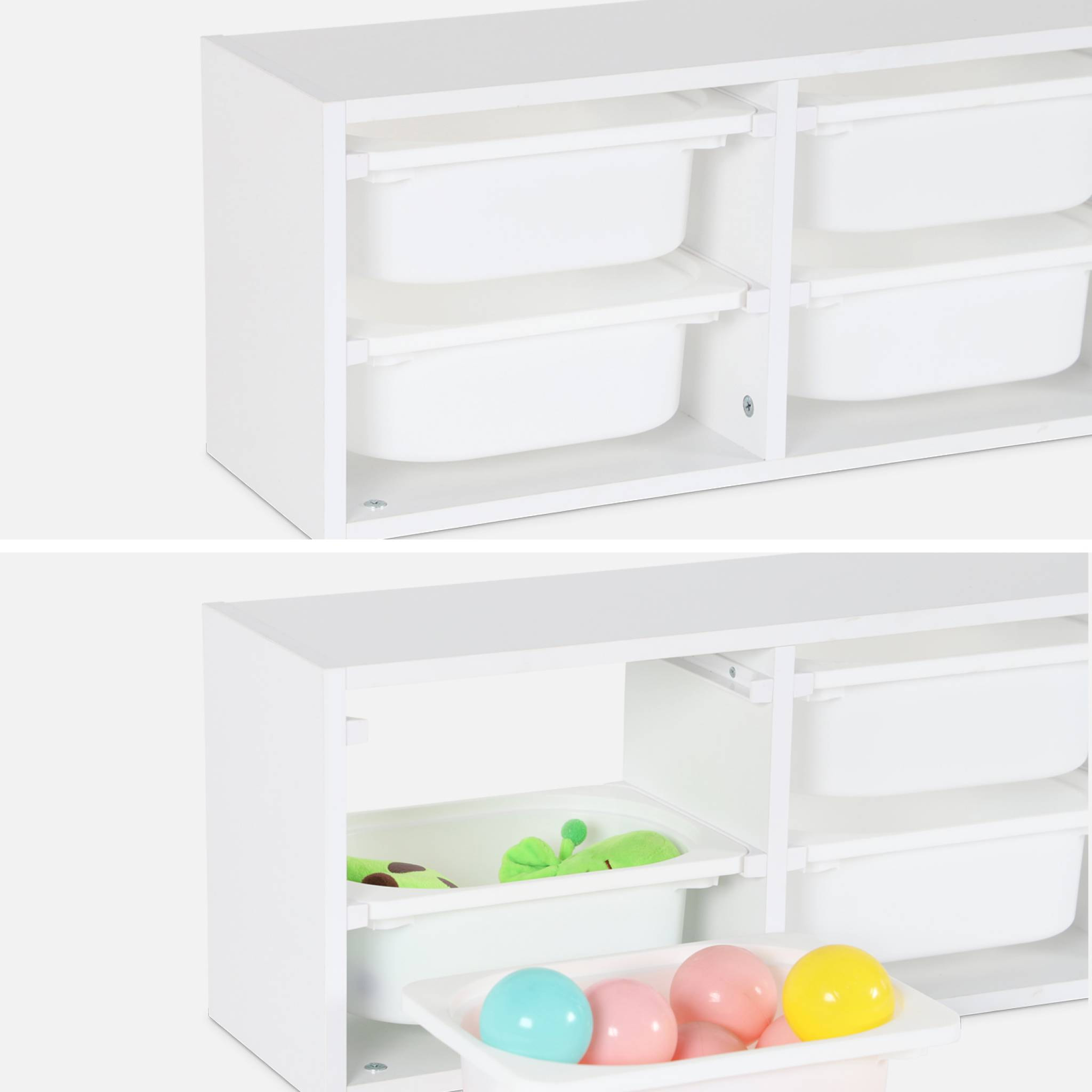 Meuble de rangement pour enfant. blanc. 6 bacs en plastique