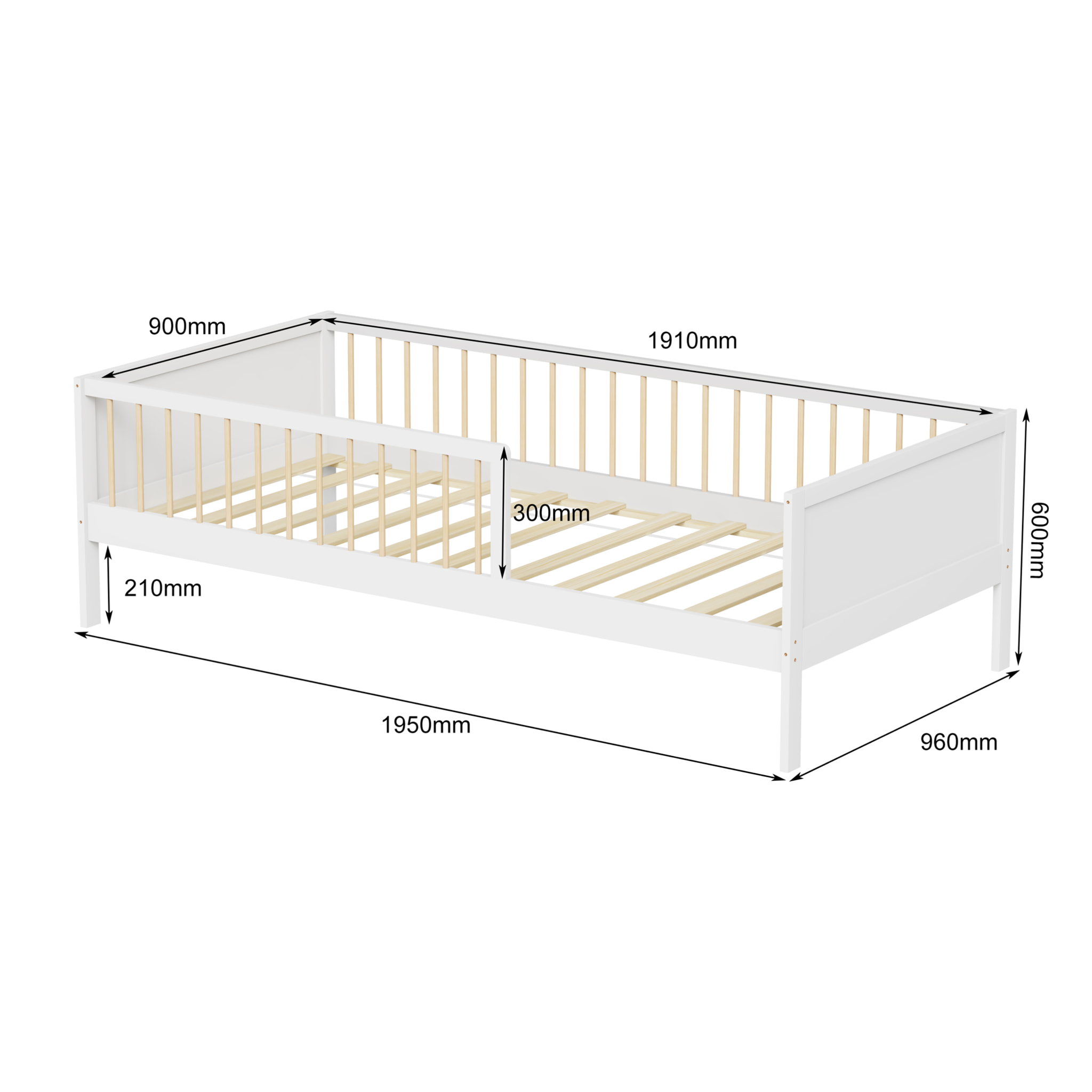 Lit barrière Pépito 90 x 190 cm, Blanc, Bois de Pin Naturel, Barrières Latérales de sécurité, Robuste et Moderne