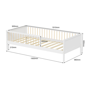Lit barrière Pépito 90 x 190 cm, Blanc, Bois de Pin Naturel, Barrières Latérales de sécurité, Robuste et Moderne