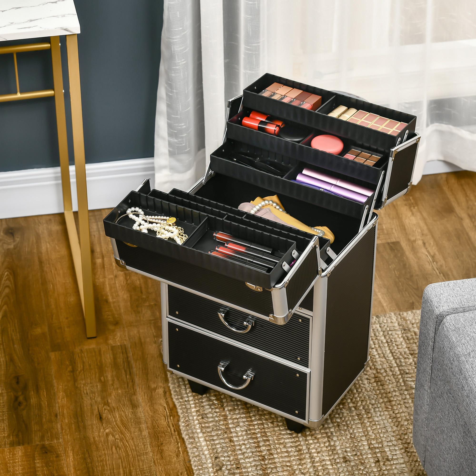 Maleta de Maquillaje Profesional Estuche para Cosméticos con Ruedas Trolley Maquillaje con 6 Cajones Extensibles Cerradura 2 Llaves y Asa Retráctil 36x23x58 cm Negro