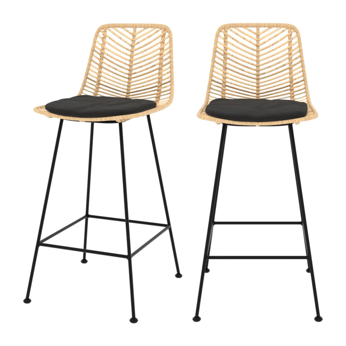 Lot de 2 chaises pour îlot central 66 cm en rotin naturel et noir - Tamara