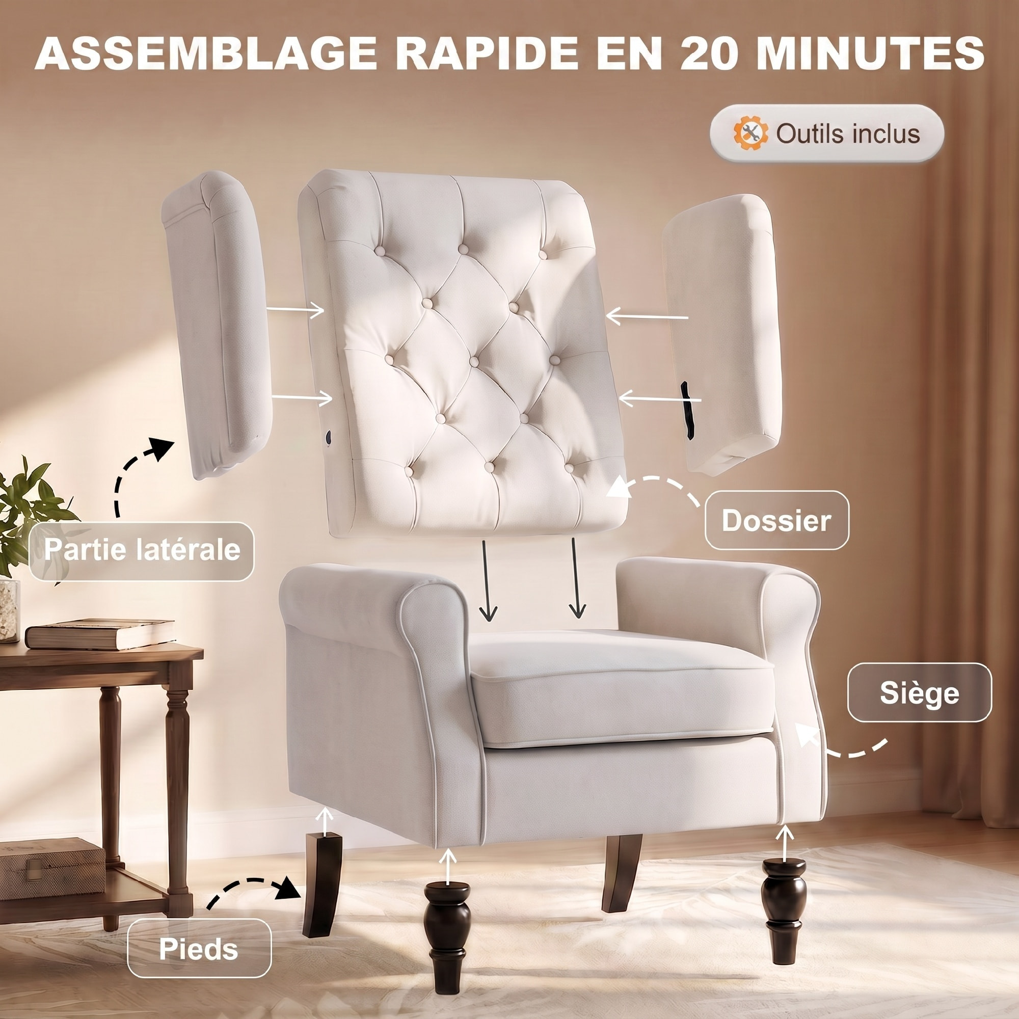 Fauteuil à oreilles style Chesterfield dossier capitonné grand confort bois noir tissu crème