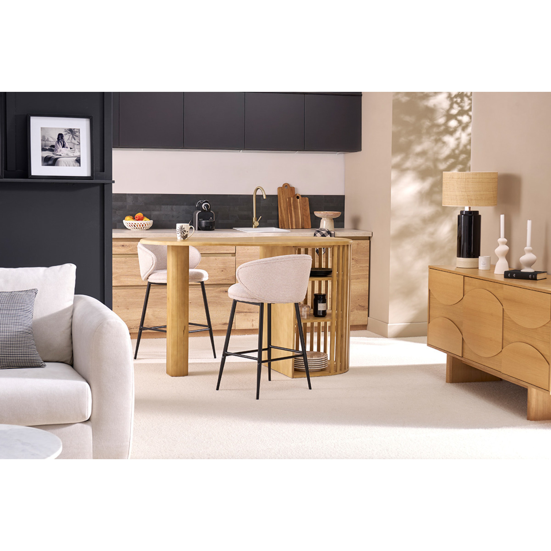Ilot - table de bar avec rangements en bois manguier massif H90 cm LOBIO