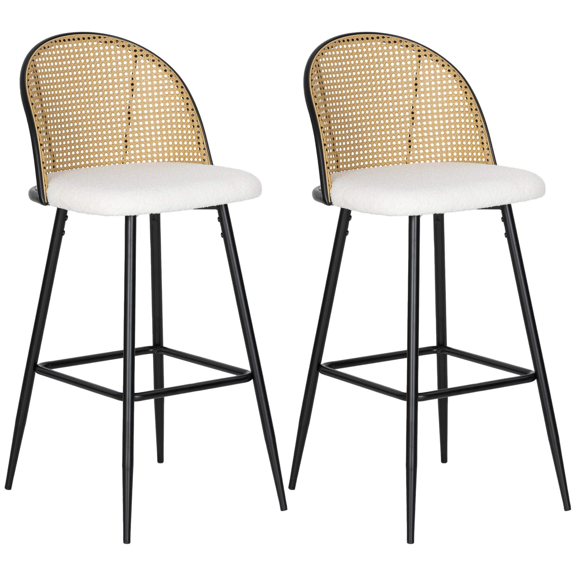 Juego de 2 Taburetes de Bar, Taburetes Altos de Cocina con Respaldo de Ratán, Asiento Tapizado en Borreguito, Marco de Acero y Reposapiés para Comedor, Mostrador, Blanco Crema