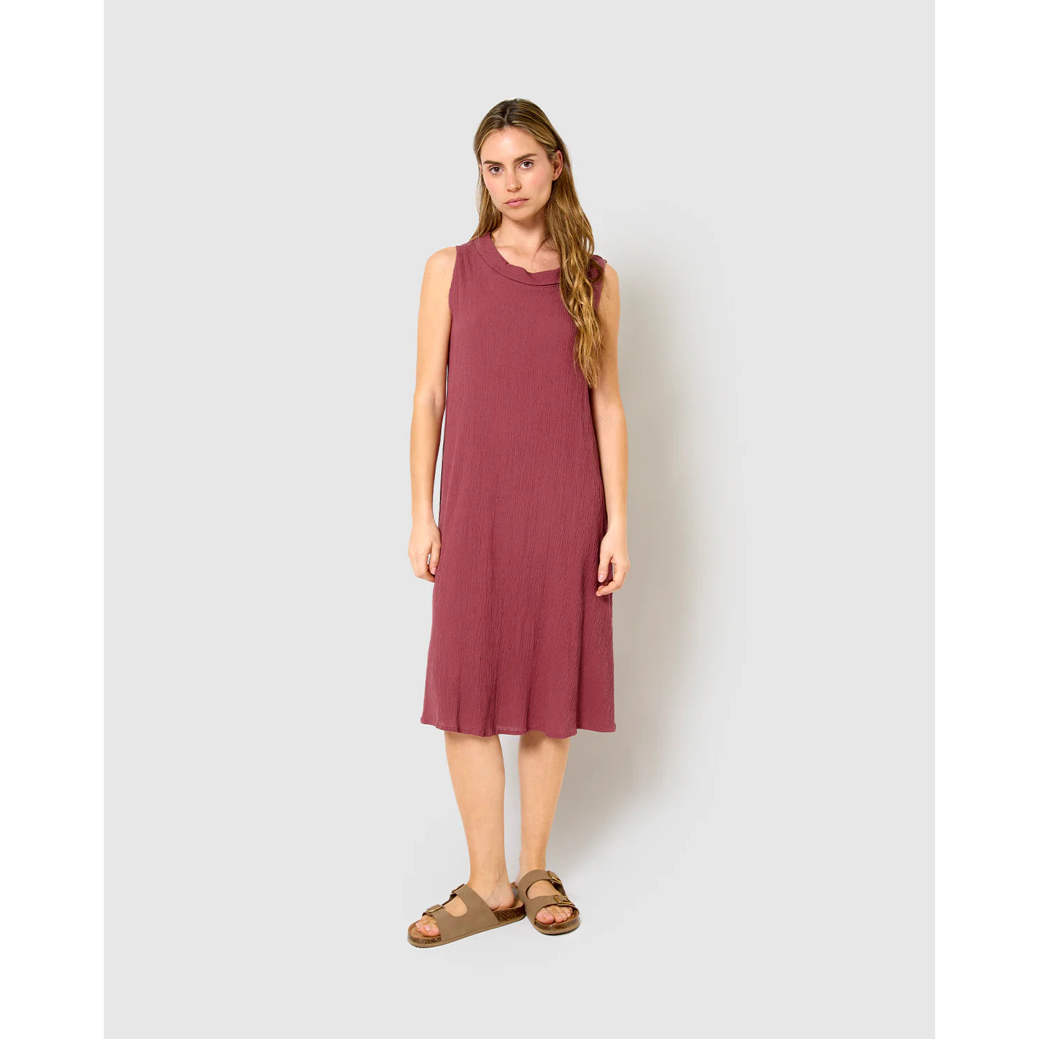 Vestido midi cuello drapeado algodón lino malva