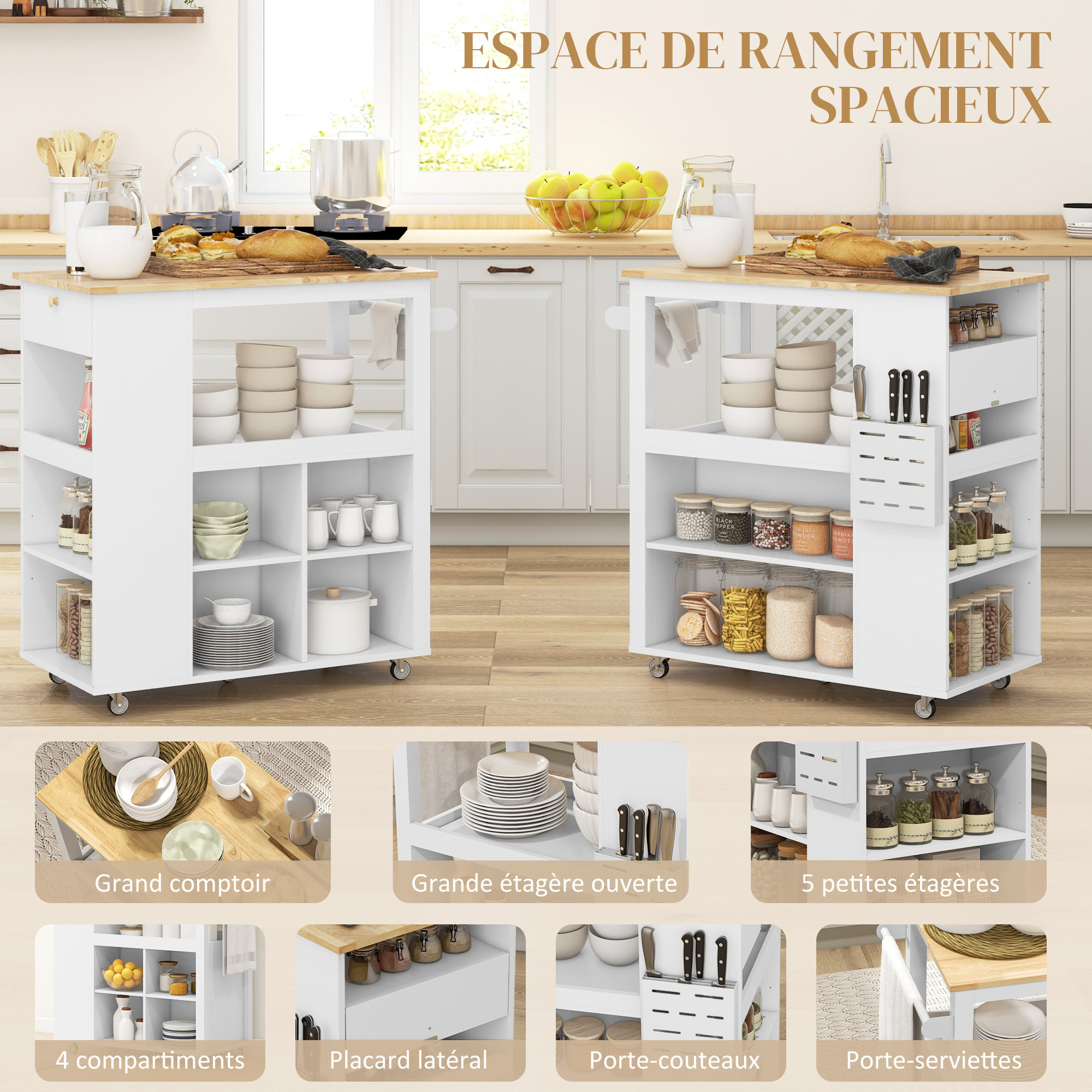 Desserte de cuisine style cosy chic multi-rangement blanc bois hévéa