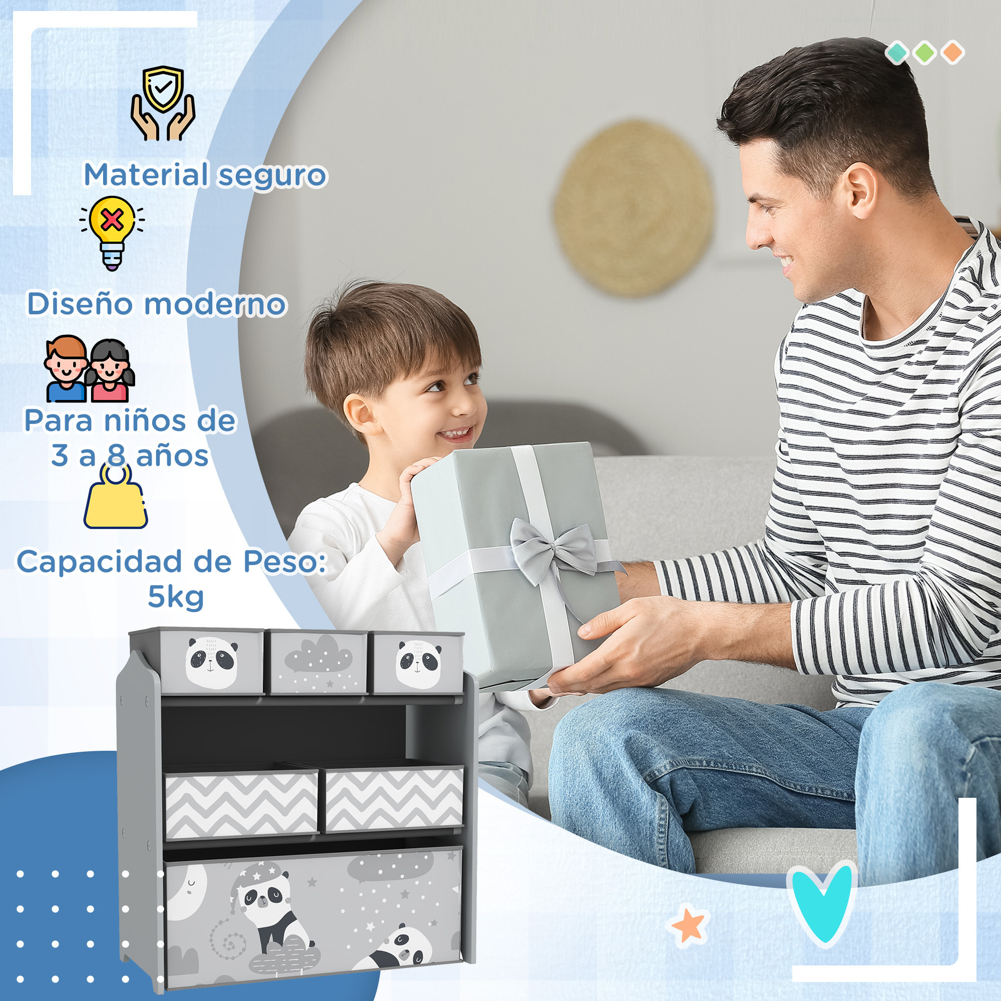 Estantería para Juguetes con 6 Cajas de Tela no Tejida Extraíbles Organizador de Juguetes para Niños de 3-8 Años para Dormitorio Guardería 63x30x66 cm Gris y Blanco