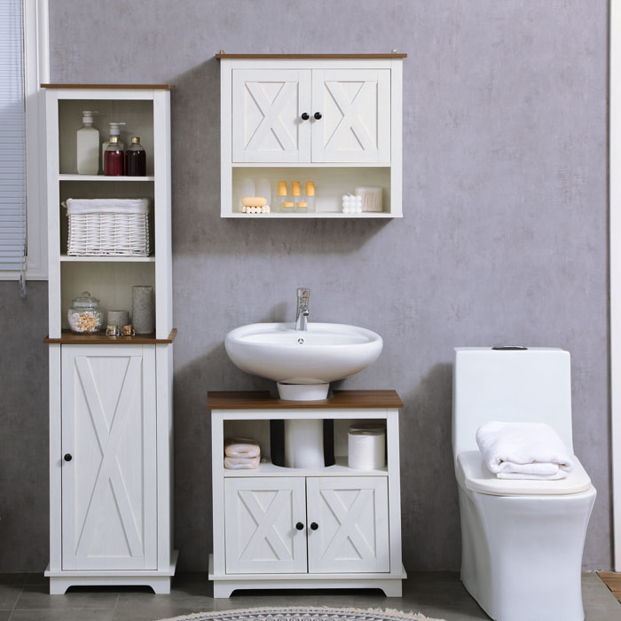 Armoire murale salle de bain style rustique chic - 2 portes, étagère, niche - effet bois noyer écru