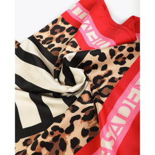 Sciarpa in raso con stampa combinata a righe e leopardo