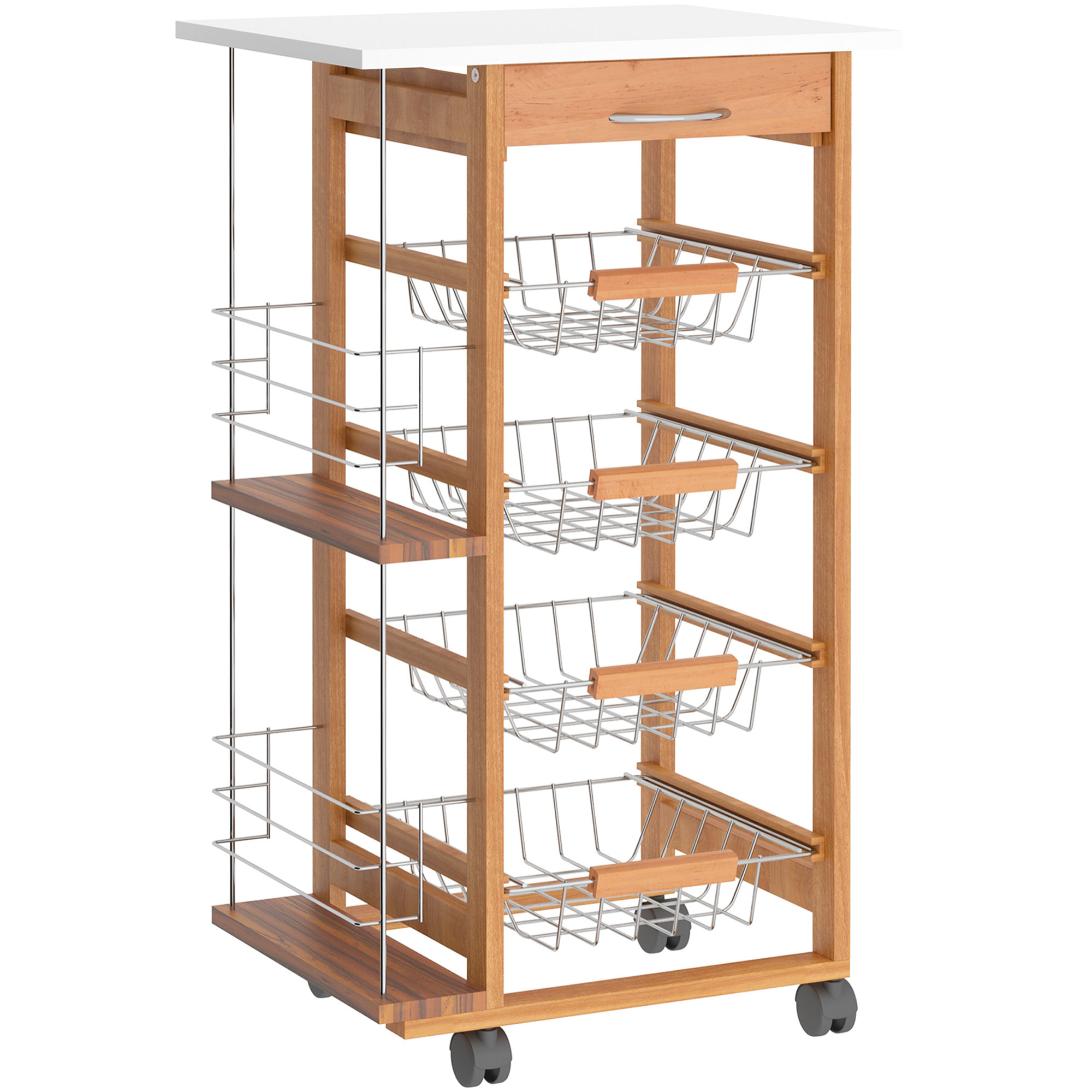 Desserte cuisine bois roulante - tiroir, 4 paniers amovibles, 2 porte-bouteilles - bois blanc