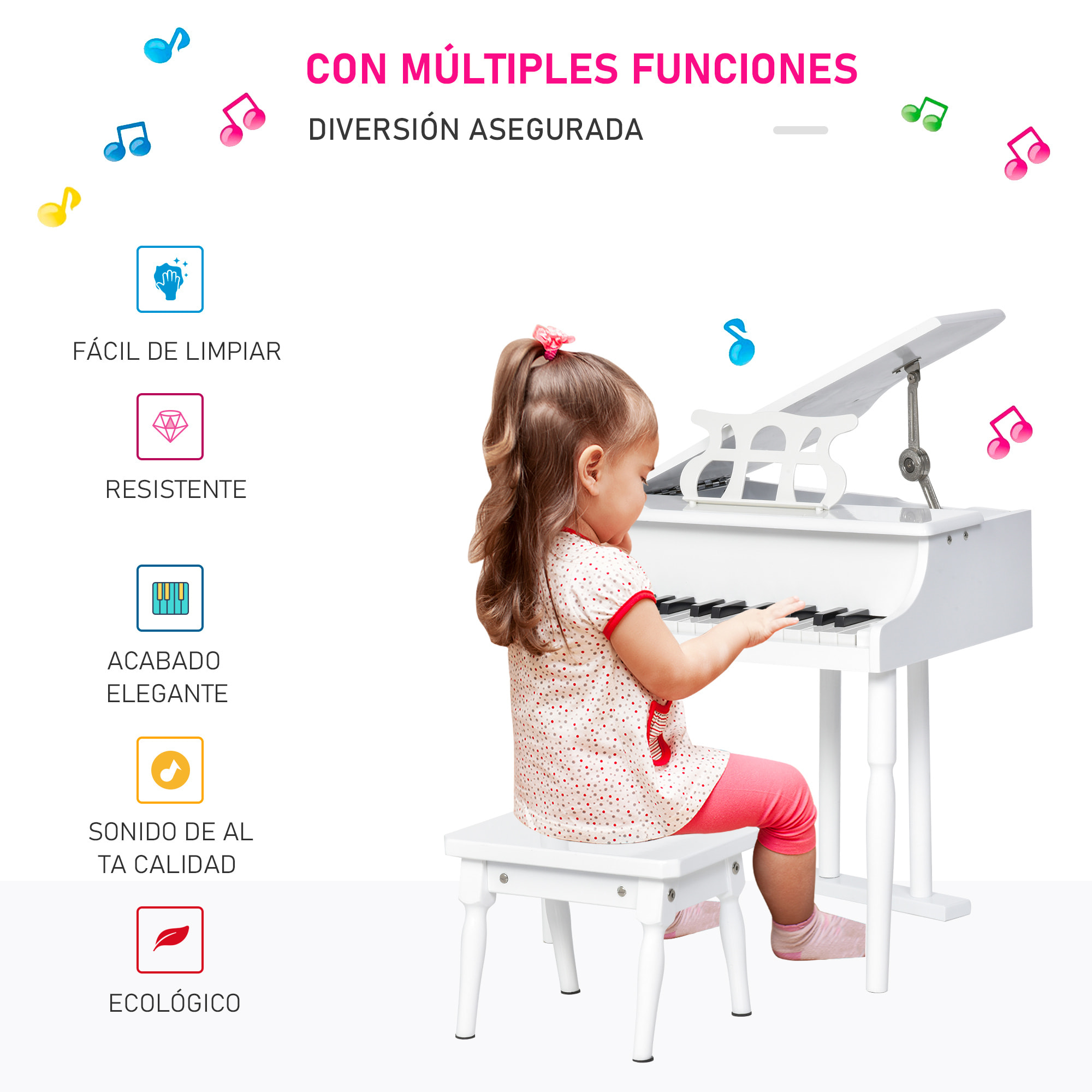 Piano de Cola Electrónico 30 Teclas con Atril Blanco