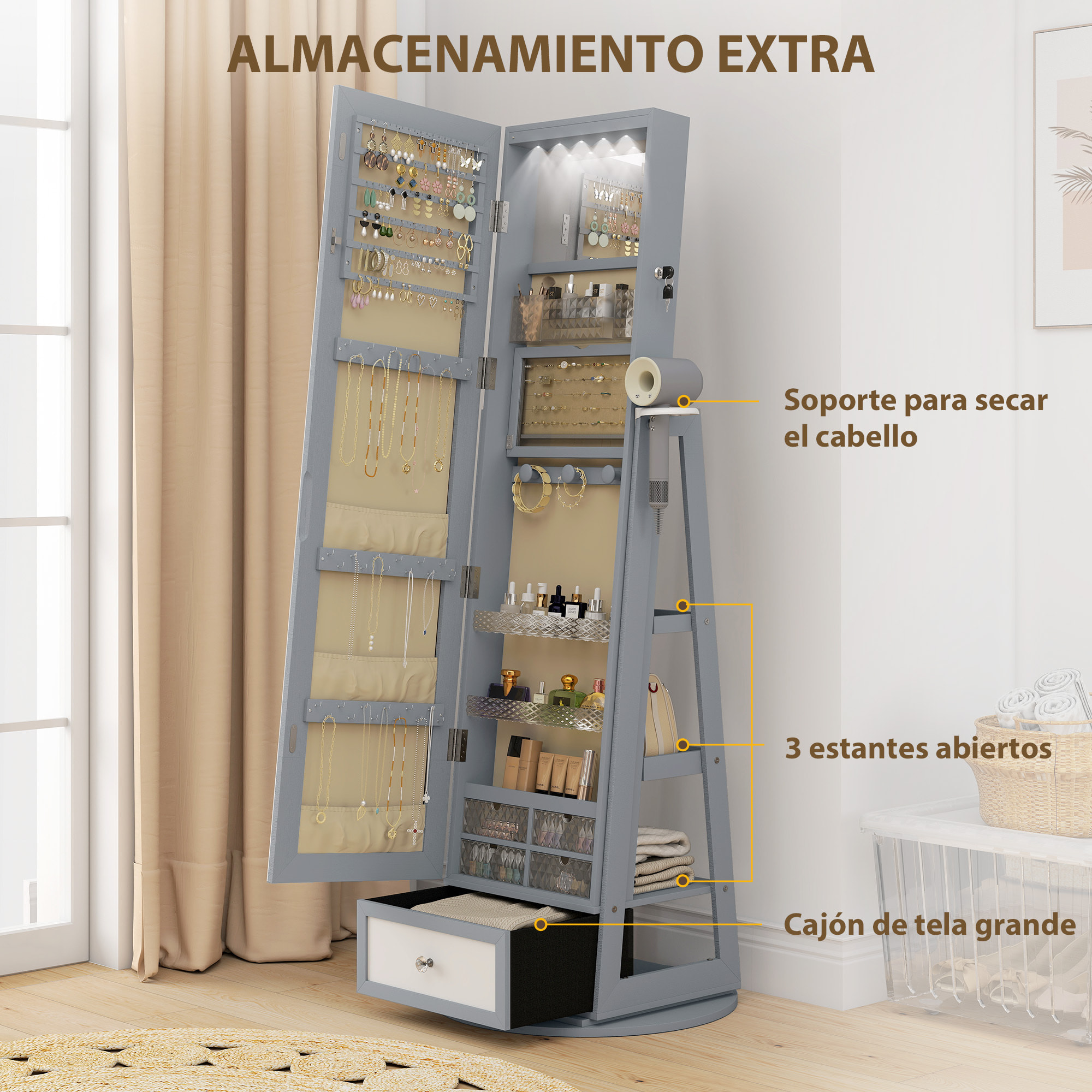 Espejo Joyero con Luces LED, Armario para Joyas, Armario Joyero con Espejo Entero, Giratorio de 360°, Cajón, Cerradura, Estantes Abiertos, Soporte para Secador, Gris Claro