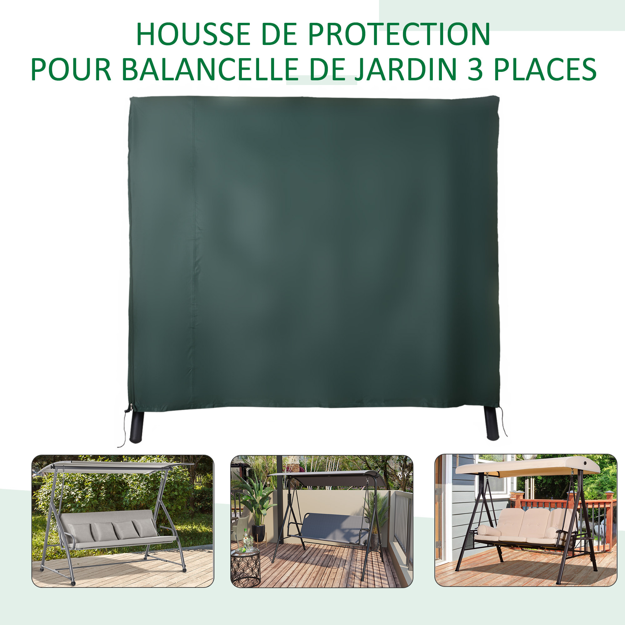 Housse de protection balancelle de jardin 3 places bâche étanche dim. 2,05L x 1,24l x 1,64H m polyester PVC haute densité vert