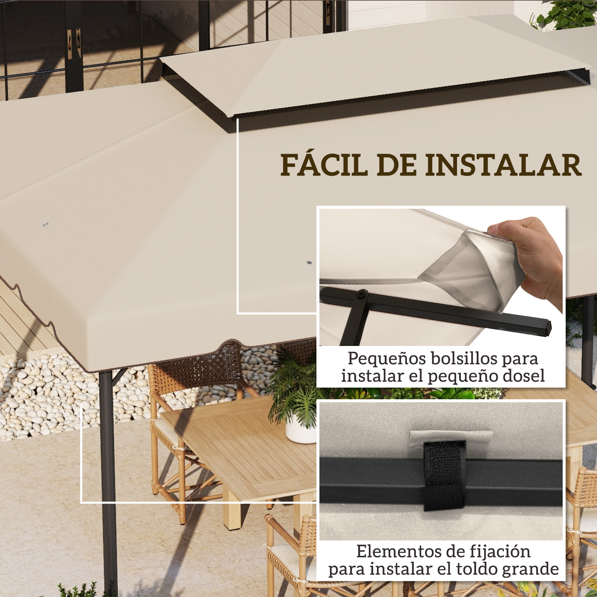 Techo de Repuesto para Cenador, 4x3 m, Cubierta de Repuesto con Doble Techo, 8 Orificios de Drenaje, SOLO Toldo de Recambio para Pabellón Gazebo, Beige