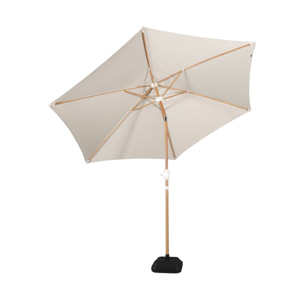 Parasol droit rond sable Ø293cm mât central en aluminium imitation bois. orientable et manivelle d'ouverture