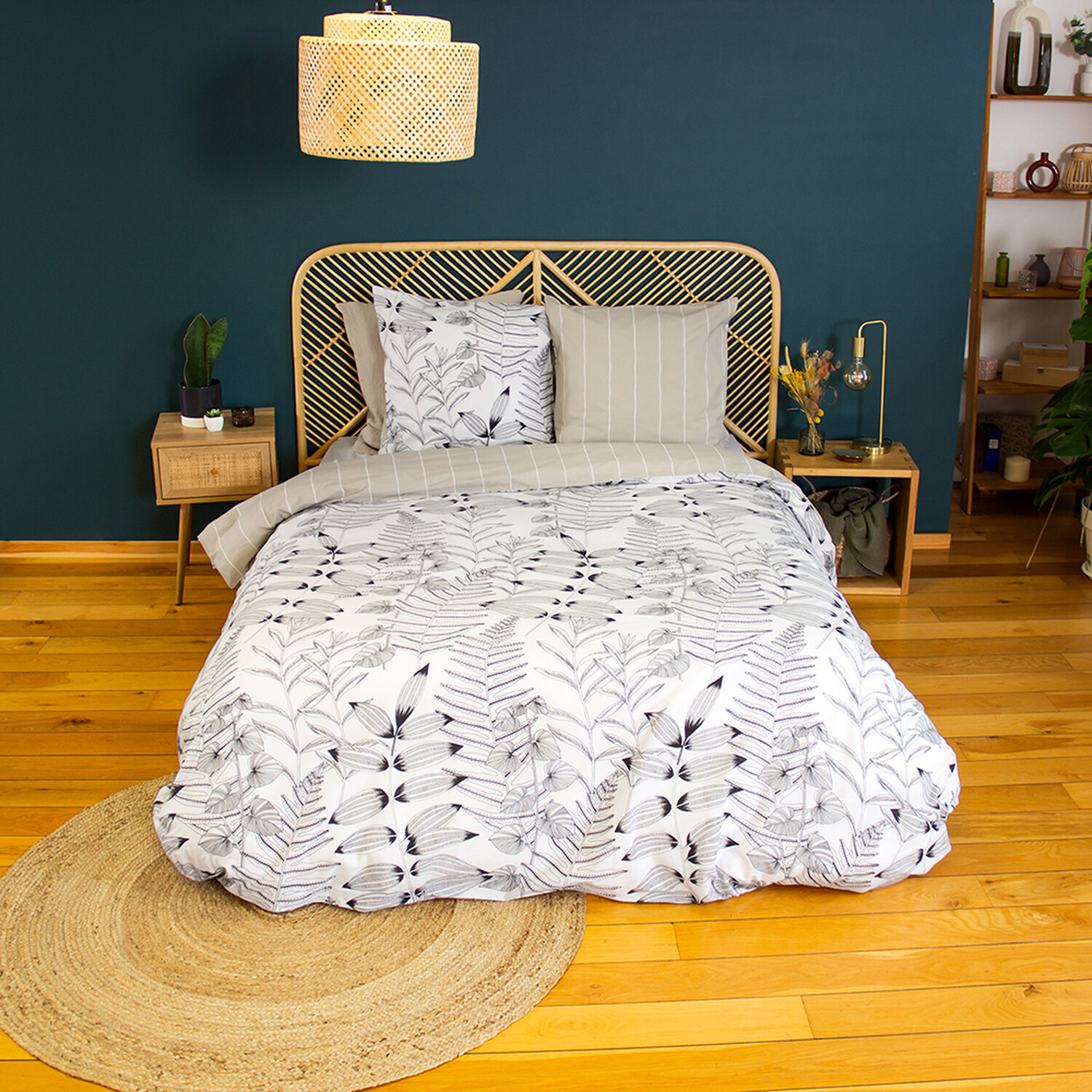 Parure housse de couette 100% coton motif feuillage - blanc et beige