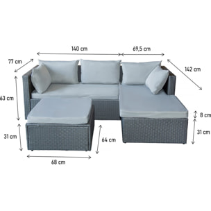 Salon de jardin bas en résine tressée "Diya" 3 places - Gris clair