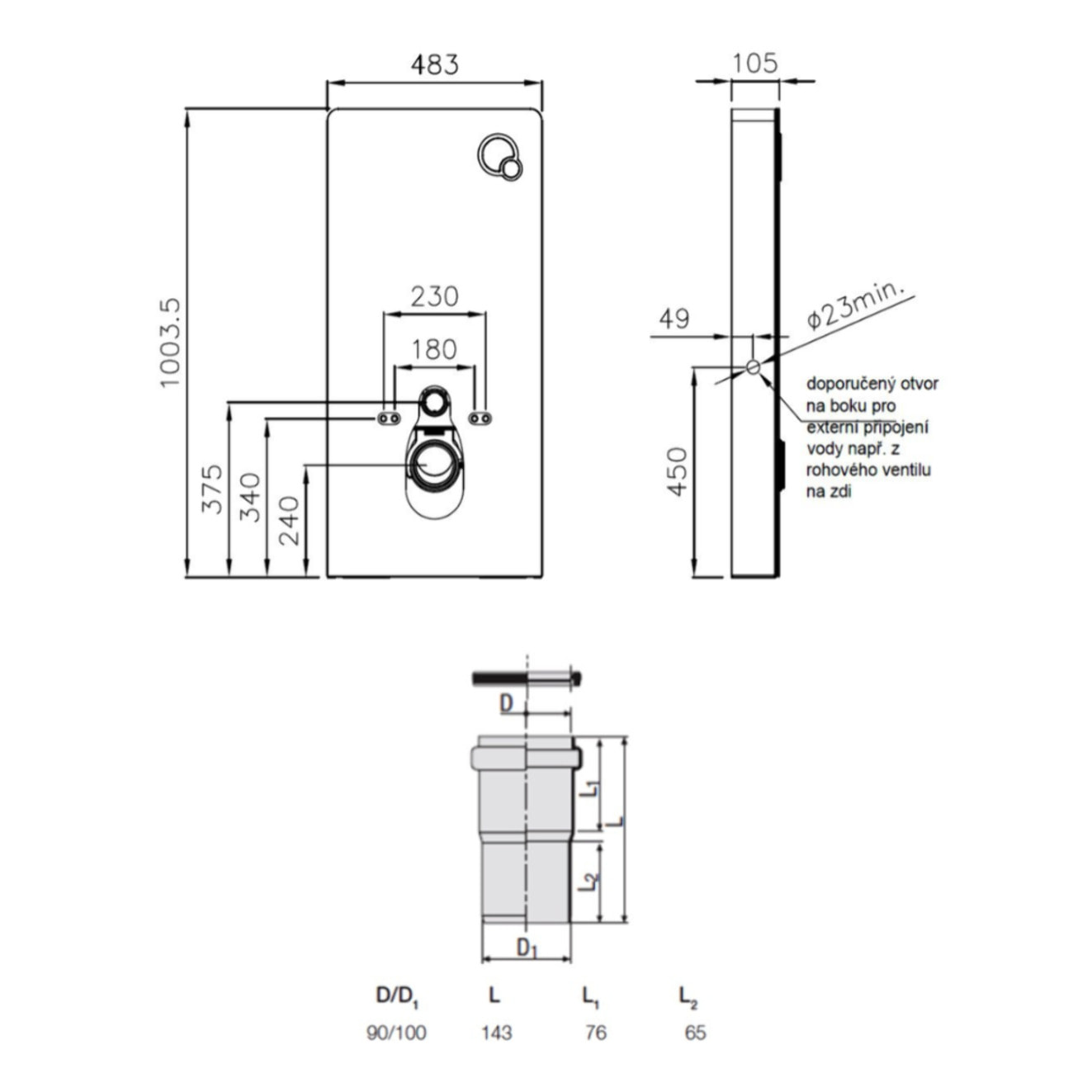 Glass bâti-support pour WC suspendu, hauteur 100,3 cm, double chasse 3/6 L, blanc (SATAMGW-FR)