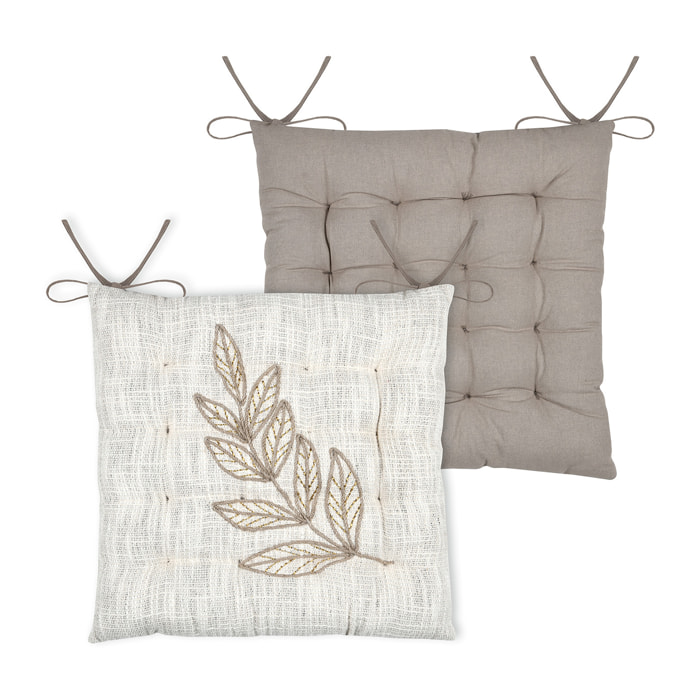 Galette de chaise feuillage  - Effet matière en coton brodé - Ecru