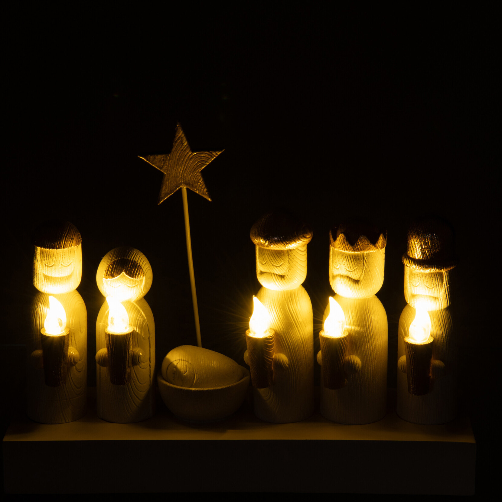 J-Line décoration crèche de Noël - polyrésine - or/ecru - LED