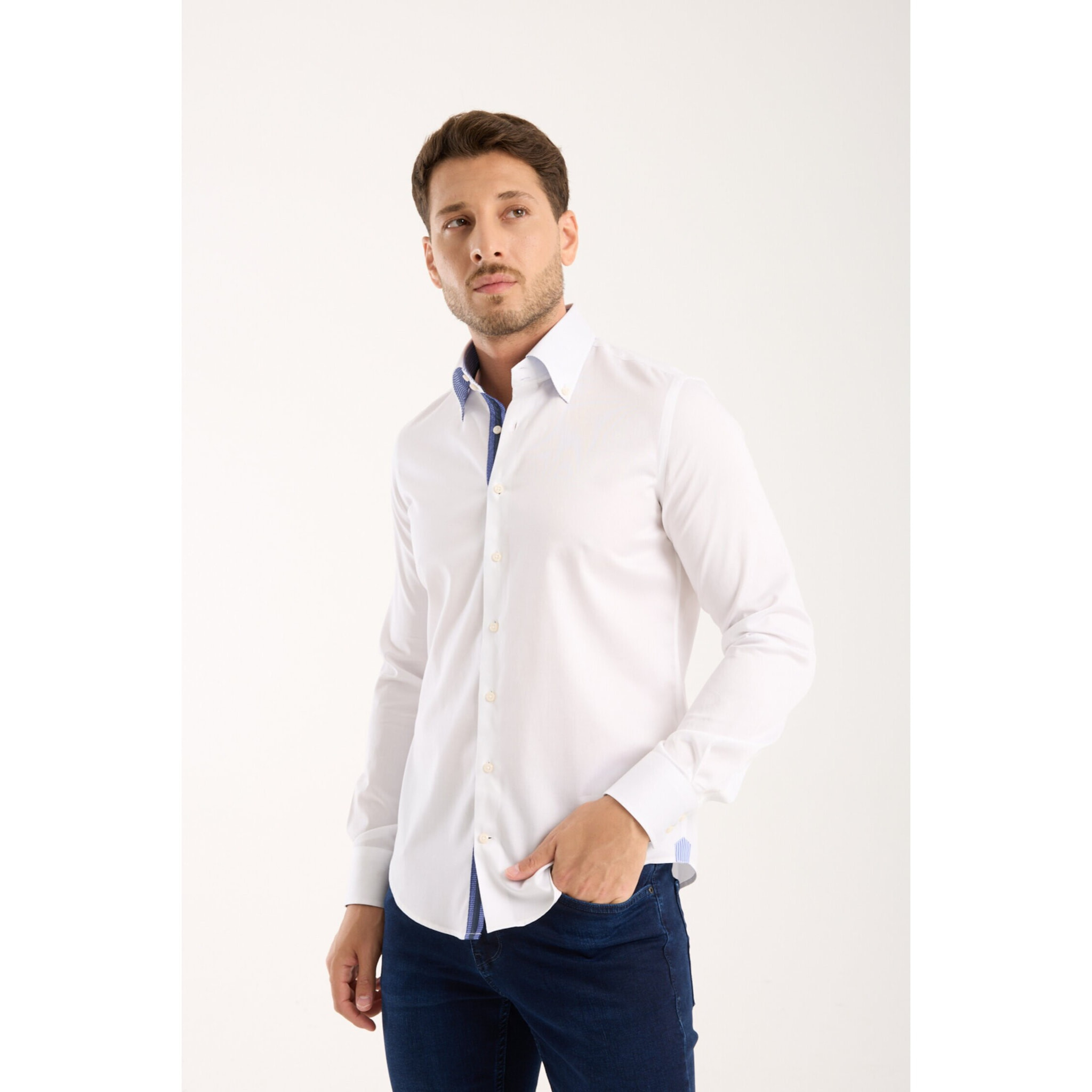 Camicia Uomo 2 Bottoni Button Down Slim Satin Unito Bianco