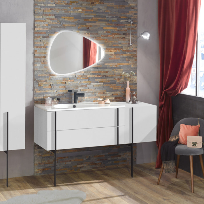 Meuble vasque 145 cm Nouvelle Vague blanc brillant + tiroir rack + colonne + miroir