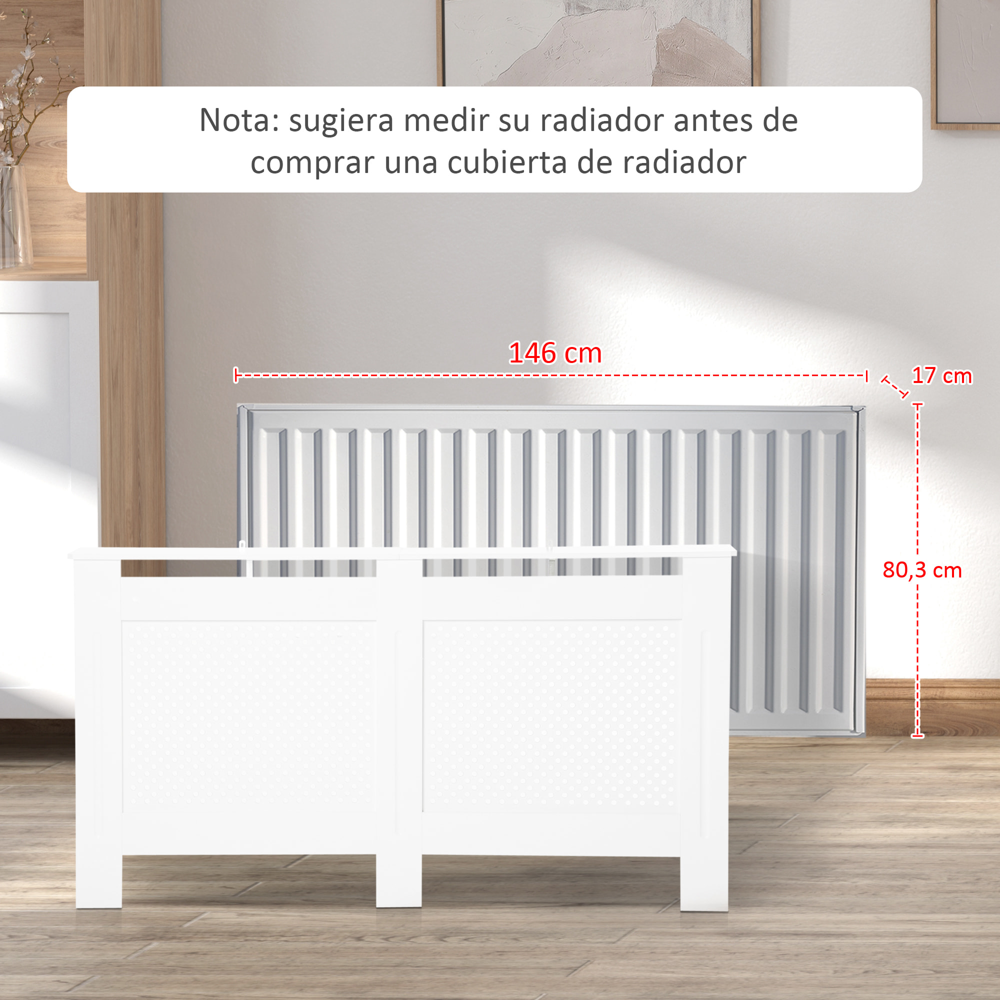 Cubre Radiadores, 151,5x19x82 cm, Cubierta para Radiador Moderna de MDF, con Estante Superior y Listones, para Salón, Dormitorio, Pasillo, Blanco