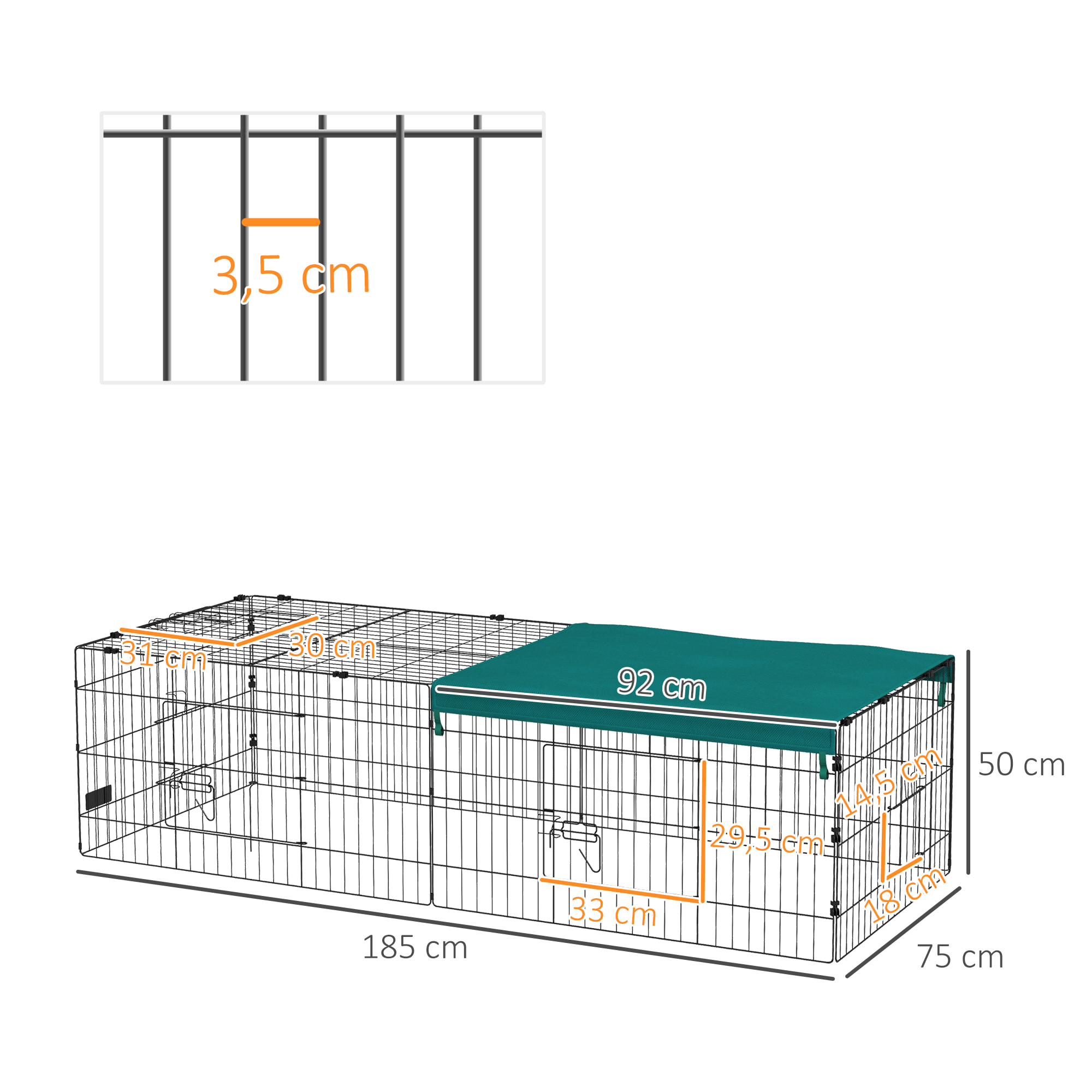 Parc enclos modulable acier avec bache pour lapins rongeurs petits animaux intérieur extérieur 185L x 75l x 50H cm vert